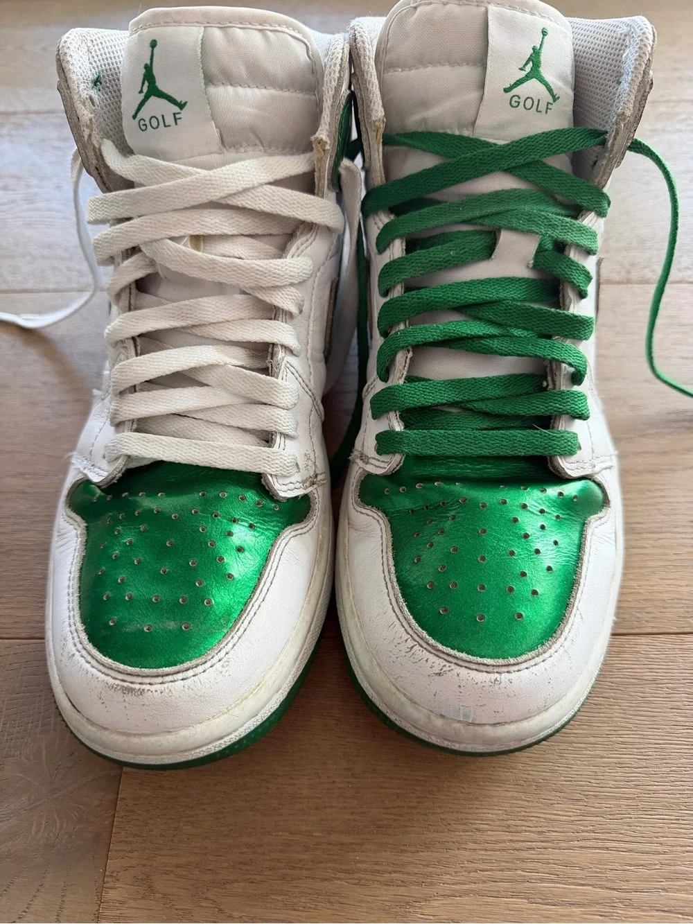 Nike men’s golf White and Metallic Green High-Top Jordan 1’s